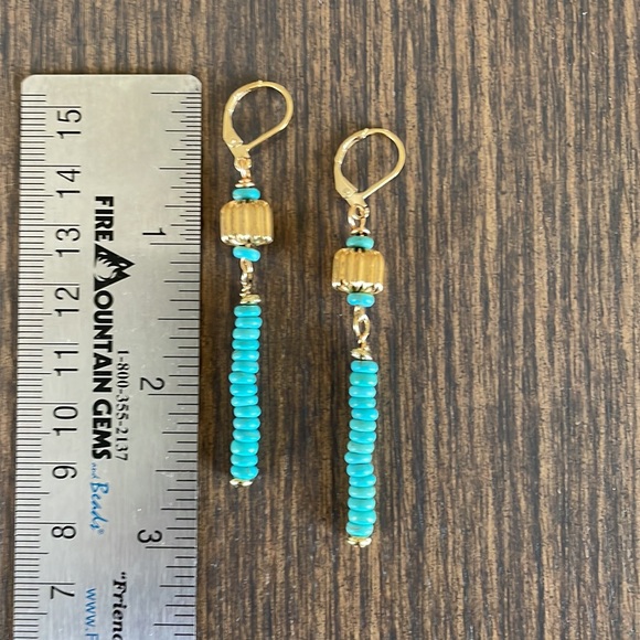HAND CRAFTED EARRINGS Turquoise Rondelles Gold Plated Corrugated Beads - Picture 3 of 12